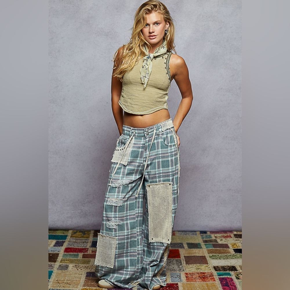 NWT POL Plaid 90’s Grunge Patchwork Crochet Wide Leg Pants Jeans Denim - Picture 4 of 7